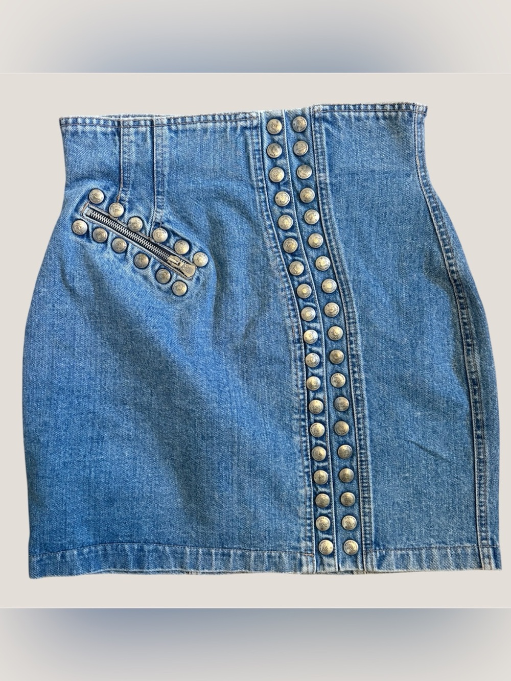 Vintage Denim Mini Skirt – Blue Jean, Back Zipper, Silver Studs, Y2K,  small